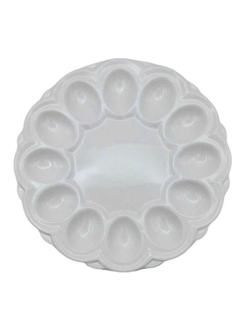 Vintage Round White Ceramic Deviled Egg Plate Platter Scalloped Edge Minimalist
